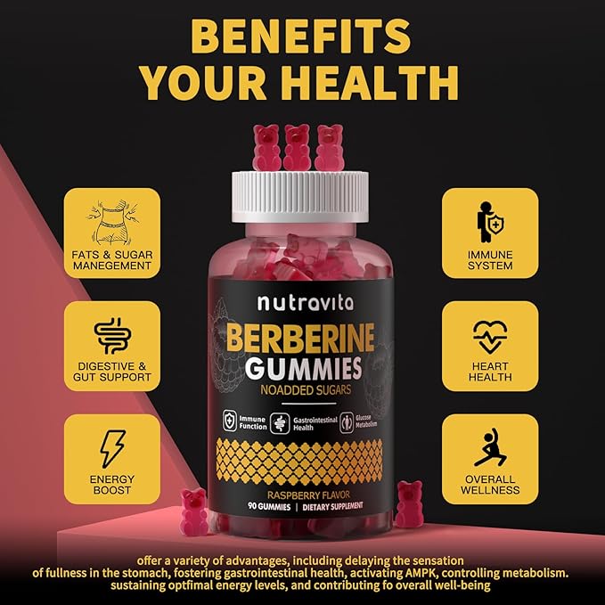 Nutravita Berberine Gummies with Ceylon Cinnamon 1500mg High Potency Berberine HCL Supplement for Immune and Metabolism Support, Sugar Free Organic Berberine Gummies Raspberry Flavor-2PACK