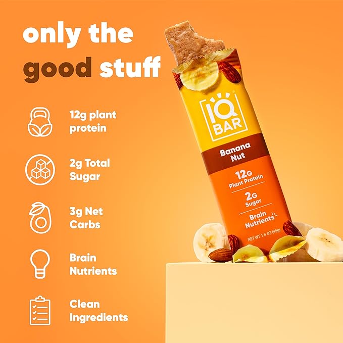 IQBAR Clean Plant Protein Bars - Banana Nut - 12 Count - Keto, Vegan, High Fiber, Gluten and Dairy Free, Low Sugar Snack - Brain and Body Nutrients for Focus, Energy, Meal Replacement