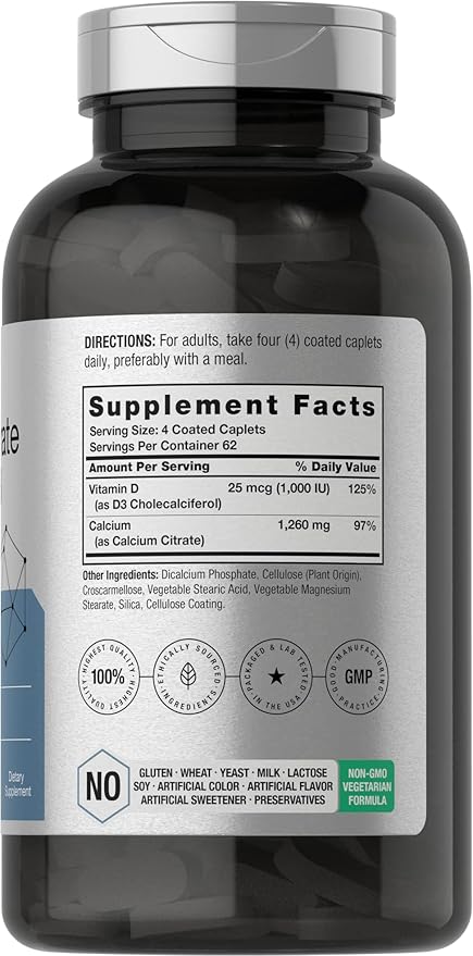 Horbäach Calcium Citrate with Vitamin D3 | 1260 mg | 250 Caplets | Vegetarian, Non-GMO, Gluten Free Supplement