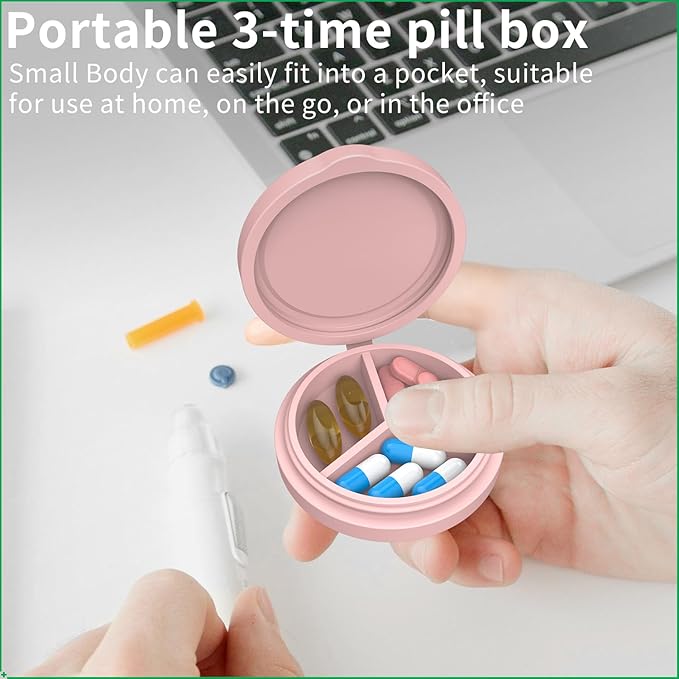 2 Pack Small Pill Box,Premium Thick Silicone 3 Compartment Travel Pill Box for Home/Desk Organizer, Portable Compact Medicine Holder for Vitamin, Cod Liver Oil, Supplement(Red+Pink)