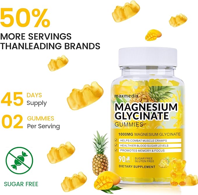 Magnesium Glycinate Gummies 1000mg, Sugar Free Magnesium Potassium Supplements Chewable for Adults with L-Threonate for Sleep, Body Support and Relaxation,90 Mango Pineapple Gummies