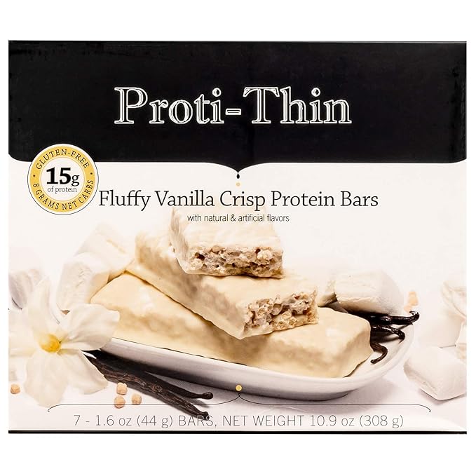 Proti-Thin Fluffy Vanilla Crisp Protein Bars, 15g Protein, Low Calorie, Very Low Carb (VLC), Low Fat, High Fiber Snack Bar, KETO Diet Friendly, Ideal Protein Compatible, No Gluten Ingredients, 7 /Box