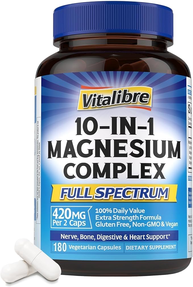 10 in 1 Magnesium Complex, 420mg Elemental Magnesium | Ultra Strength, Max Absorption | Chelated Magnesium Supplement for Nerves, Bone & Heart Health | Non-GMO, 180 Vegan Capsules
