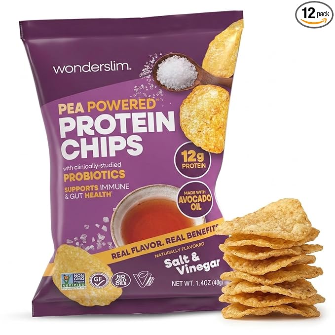 Wonderslim Protein Chips with Probiotics, Salt & Vinegar | 12g Plant Protein, 170 Cal | High Protein Chips, Vegan, Gluten Free, Non-GMO | Made with Avocado Oil, No Seed Oils | 12 Pack