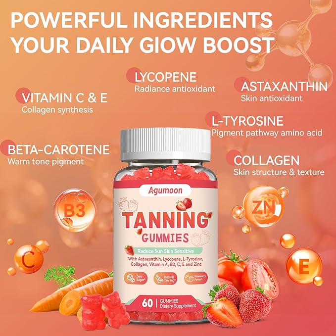 Tanning Gummies for Women and Men, Self Tan Supplement with Beta Carotene, Lycopene, Astaxanthin, Collagen & Vitamins, for Skin Health & Pigmentation, Vegan - 60 Gummies