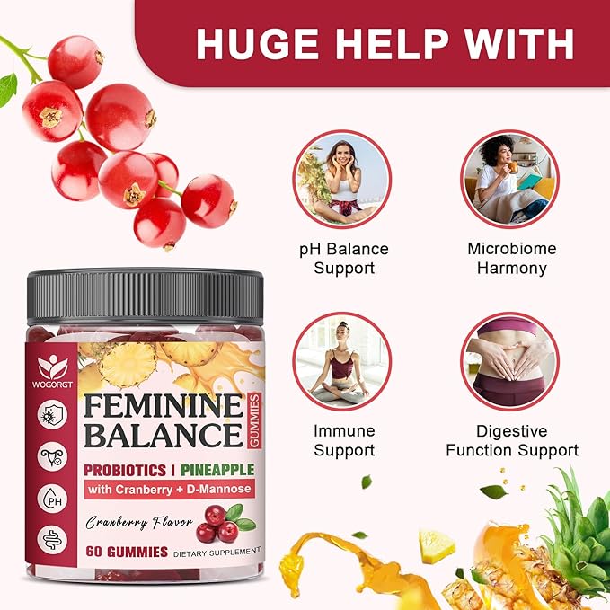 Feminine Balance Gummies for Women - Vaginal Health, pH Balance Support, Pineapple Probiotics Gummies for Women with Cranberry Extract and D-Mannose, Sugar Free, Vegan, Cranberry Flavor - 60 Ct