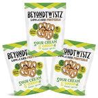 BeyondTwistz Low Carb Pretzels, Sour Cream and Onion, Keto Friendly, 2g Net Carbs, 18g Protein, Powered By HealthSense® High Fiber Wheat Flour, Family Size 8oz Bag, Pack of 3