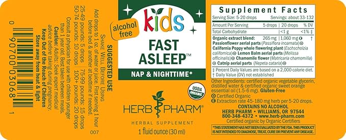Kids Fast Asleep – Tasty, Organic, Alcohol-Free Kids Sleep Support Herbal Extract With Lemon Balm, California Poppy & Passionflower, Soothes Nap & Nighttime Transitions, Vegan, 1 Oz