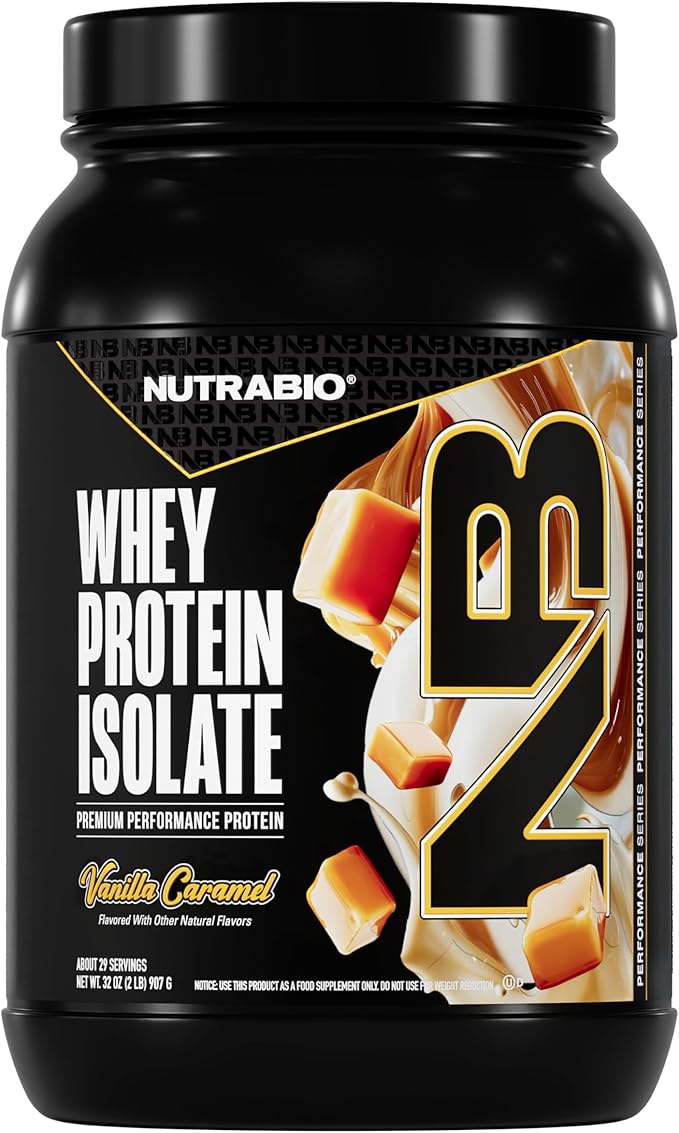 NutraBio 100% Whey Protein Isolate Protein Powder, 25g Protein with Complete Amino Acid Profile, Non-GMO, Soy & Gluten Free, Low Carb, Low Calorie Whey Protein Powder, Vanilla Caramel, 2 Lbs