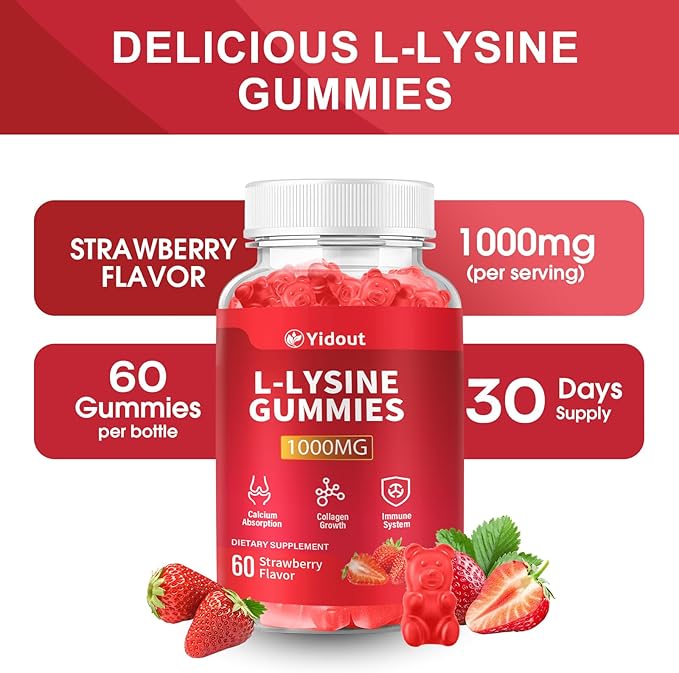 L-Lysine 1000mg Gummies for Immune Support & Skin Health -Chewable Lysine Supplement for Adults, Sugar-Free, Natural Strawberry Flavor, Gluten-Free (60 Count（Pack of 2）)