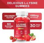 L-Lysine 1000mg Gummies for Immune Support & Skin Health -Chewable Lysine Supplement for Adults, Sugar-Free, Natural Strawberry Flavor, Gluten-Free (60 Count（Pack of 1）)