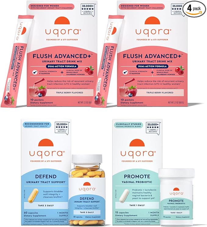 Uqora Flush Advanced+ Regimen with Flush Advanced+ (2 Pack) - Cranberry to Reduce Risk of Recurrent UTI** - Defend & Promote - D-Mannose, Vitamin C, Green Tea Extract & Probiotics - 3-Part Bundle
