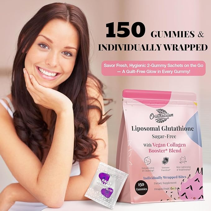 Orinthalixium Liposomal Glutathione Gummies 1000MG - Sugar Free Reduced L-Glutathione with Vitamin C & Vegan Collagen - Antioxidant & Skin Wellness - 150 Count