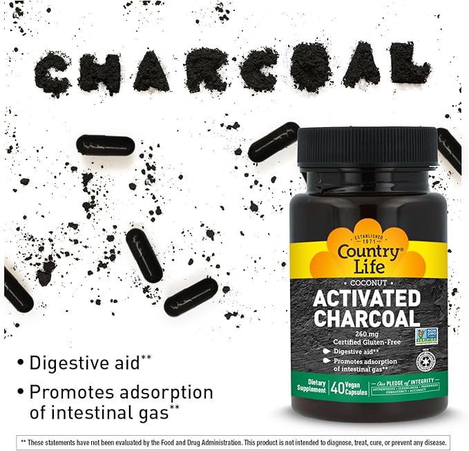 Country Life Coconut Activated Charcoal Capsules, 260mg – Natural Charcoal Supplement for Gas and Bloating Relief - Gluten-Free, 40 Vegan Capsules