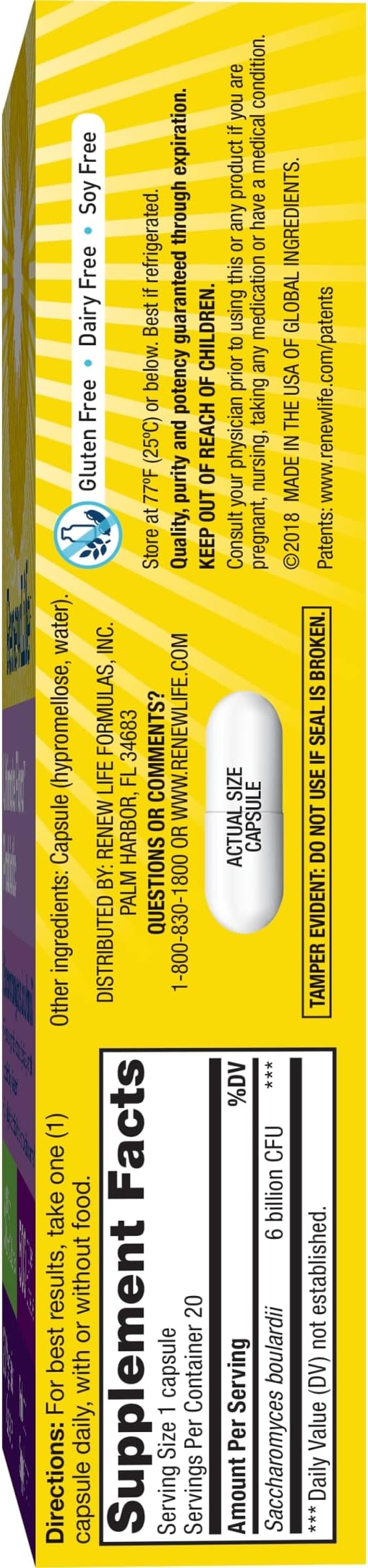 Renew Life Ultimate Flora Probiotic Capsules, Daily Supplement Relieves Occasional Digestive Upset and Diarrhea, Saccharomyces Boulardii, Dairy, Soy and gluten-free, 6 Billion CFU, 20 Count