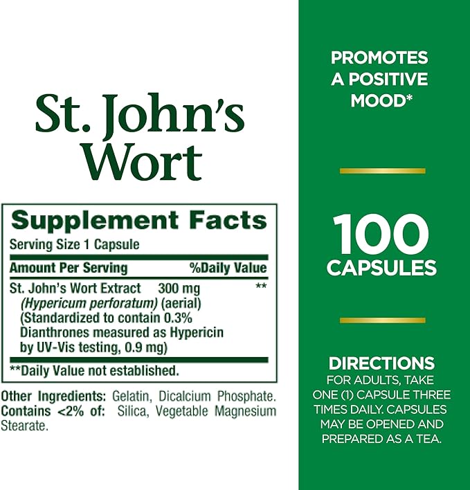 Nature's Bounty St. John’s Wort 300mg Capsules, Herbal Health Supplement, Promotes a Positive Mood, 100 Capsules (Pack of 3)