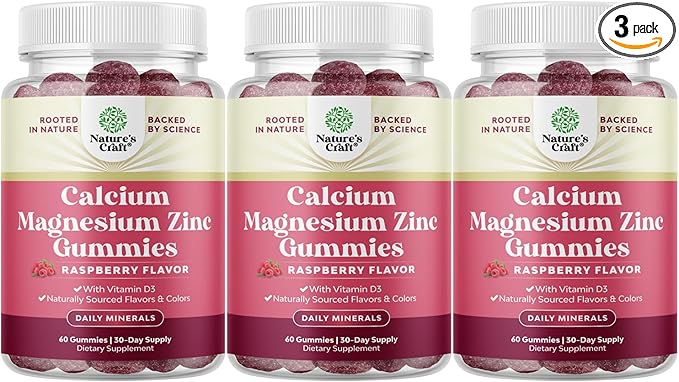Calcium Magnesium Zinc Gummies - Magnesium Zinc Calcium Supplement Gummies with Vitamin D3 for Teeth and Bone Health - Certified Kosher Non-GMO Gelatin Free & Vegetarian Friendly 60 Count (Pack of 3)