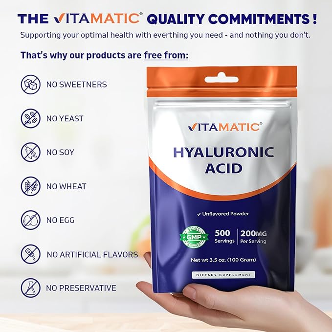 Vitamatic Hyaluronic Acid Powder 200mg - Supports Healthy Connective Tissue and Joints - Promote Youthful Healthy Skin - 100 Gram