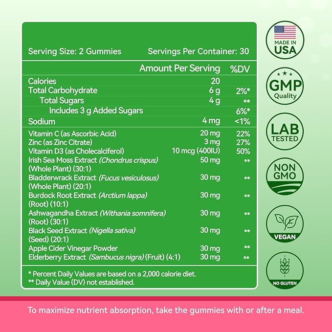 Inner Brightness Sea Moss 4000mg Gummies with Ashwagandha, Elderberry, Apple Cider Vinegar, Bladderwrack, Burdock Root – Immune Support – Mixed Berry Flavor – 60 Count