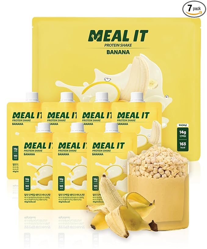 Banana Protein Shake, 14g Protein & High Fiber, Low Sugar, Keto-Friendly Meal Replacement powder with Korean Cookie Crumble (Soboro) & Oat Crunch Balls (7 Packs, 1.41 oz Each)