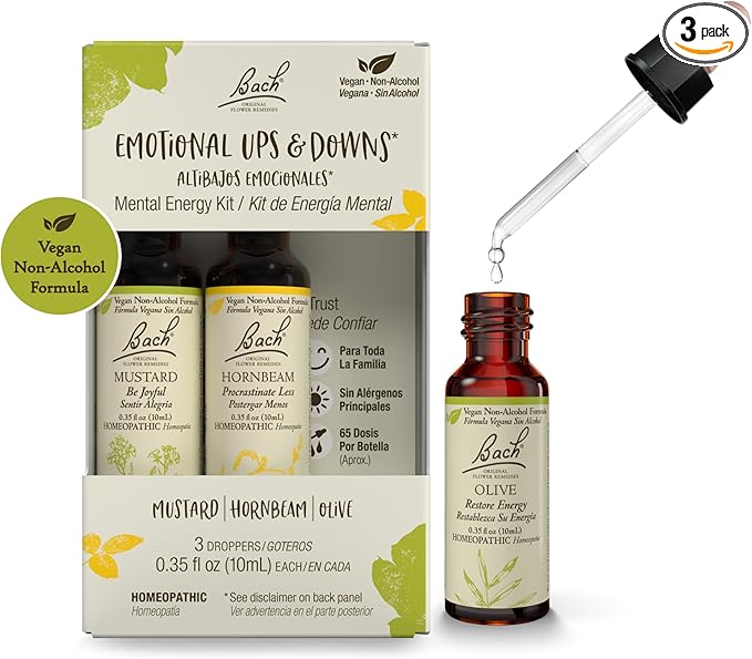 Bach Original Flower Remedies, Emotional Ups & Downs Trio Kit, for Mental Energy (Non-Alcohol Formula), Natural Homeopathic Flower Essence, Vegan, 3 x 10mL Droppers