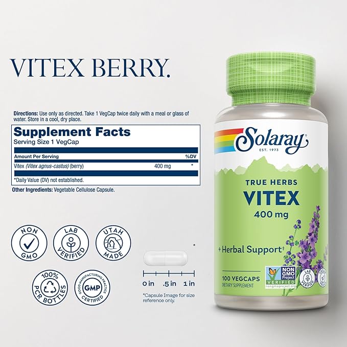 SOLARAY Vitex Berry 400mg | Womens Healthy Hormone Balance Formula | Menstruation & Menopause Support, 100ct