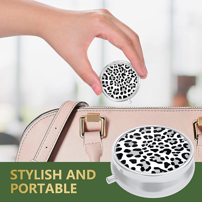 Nipichsha Pill Box, Small Pill Case for Purse & Pocket, Cute Travel Medicine Organizer, Portable Medicine Container Holder to Hold Vitamins, Medication, Fish Oil & Supplement, White Leopard