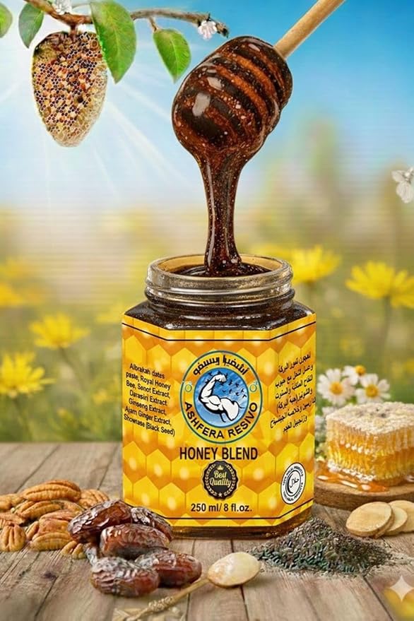 Resivo Ashfera Energy Support Men – 8Oz Date Paste – Sidr Honey with Pecan Nuts, Ginger Extract – Black Seed – Delicious and Savory Product of evaxo
