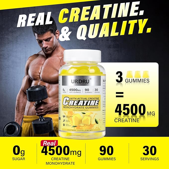 Sugar-Free Creatine Gummies for Men & Women - Third-Party Testing Creatine Monohydrate Gummies 4.5g, Energy Boost, Pre-Workout Supplement, Vegan, Non-GMO (90 Count, Pineapple)