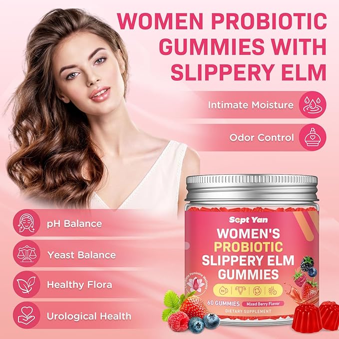 Feminine Probiotic Slippery Elm Gummies with Dim, Cranberry, Aloe Vera, Vitamin D3 & E for Women pH Balance, Gut Health & Immune System, Promote Vaginal Health for Women, Mixed Berry Flavor 60 Counts