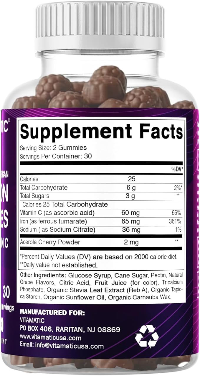 Vitamatic Iron 65 mg Gummies Supplement for Women & Men - 60 Vegan Gummies - Great Tasting Iron Gummy Vitamins with Vitamin C (2)