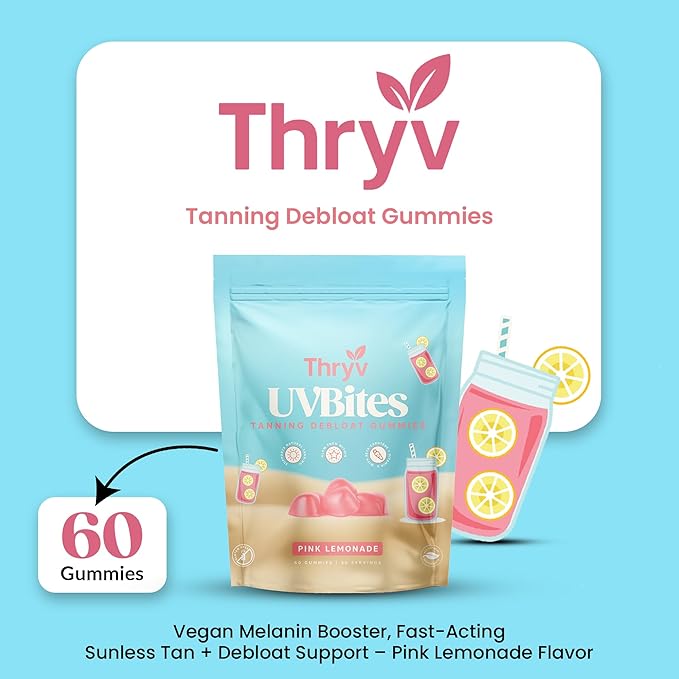 UVBites - Tanning Gummies - Self Tan Supplement - Tanning Pill - Fast Acting & Debloating Melanin Supplement with Beta Carotene, Astaxanthin, Niacinamide - Glow Up Skin (60 Count, Pink Lemonade)