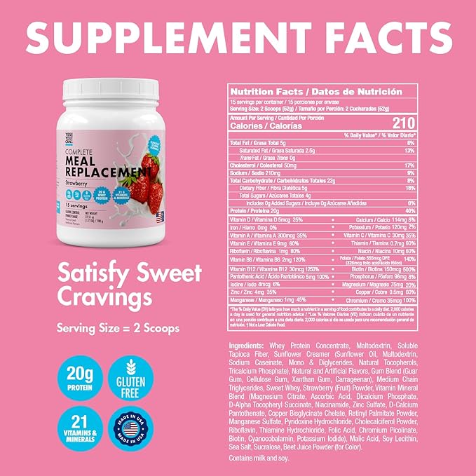Yes You Can! Complete Meal Replacement - 15 Servings (2 Pack), 20g of Protein, 0g Added Sugars, 22 Vitamins and Minerals - All-in-One Nutritious Meal Replacement Shake (Strawberry)