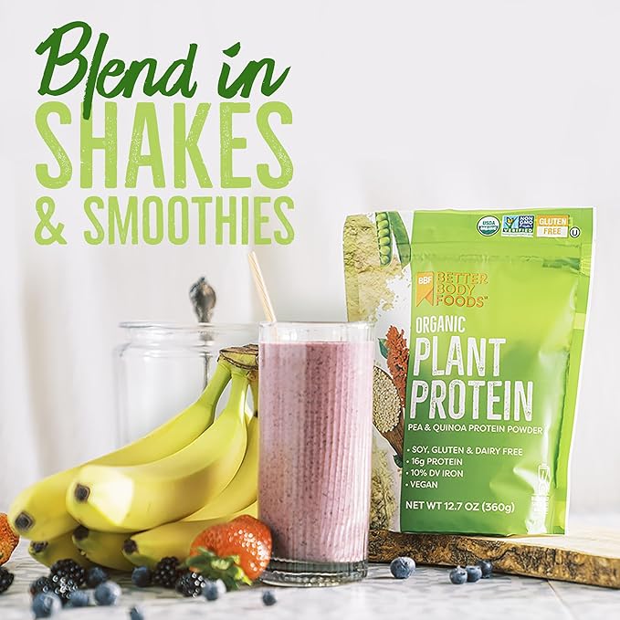 BetterBody Foods Organic Plant Based Protein Powder, 16g of Protein 24% DV, Vegan, Low Net Carbs, Gluten Free, Dairy Free, No Sugar Added, Soy Free, Non-GMO, 12.7 Ounces