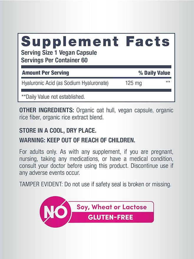 NeoCell Hyaluronic Acid Capsules | 60 Pills | 125 mg | Daily Hydration | Hair, Skin & Nails | Vegan Supplement