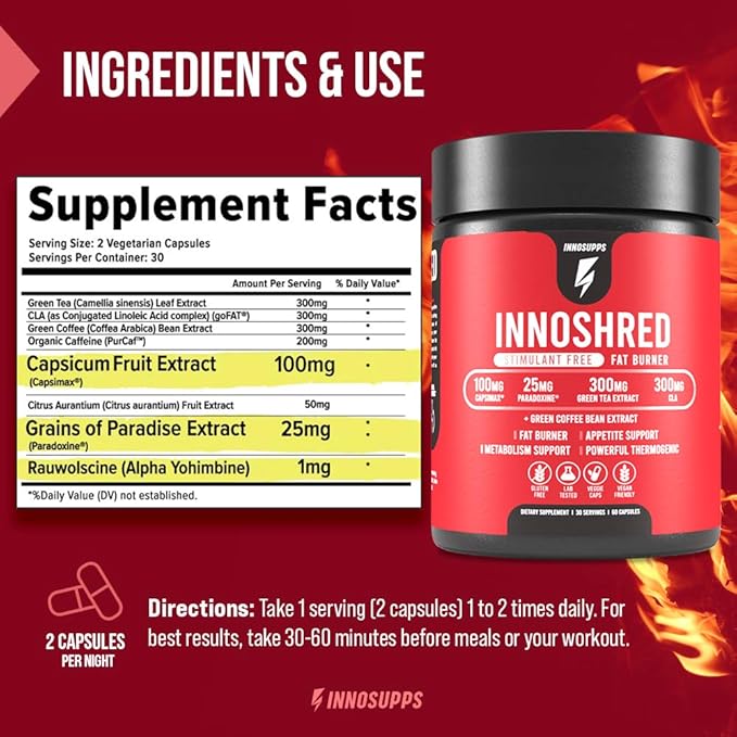 Inno Shred Stim Free Thermogenic Fat Burner for Men & Women - Appetite Suppressant, Metabolism Support with Capsimax, Paradoxine, Green Tea Extract - 60 Veggie Capsules, 30 Servings