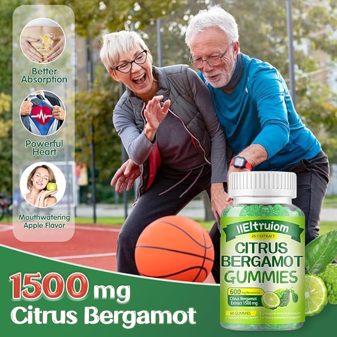Citrus Bergamot 1500mg, Citrus Bergamot Gummies for Healthy Cholesterol, Bergamot Supplements 25:1 Extract from Italy Bergamot, Resveratrol & Niacin - Gluten Free, 120 Count