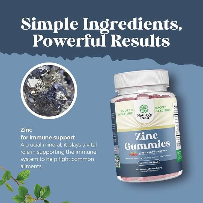 Extra Strength Zinc Gummies for Adults - Chewable Zinc Supplements for Women & Men for Energy & Immune Support - Vitamins & Mineral Supplements - 60 Count