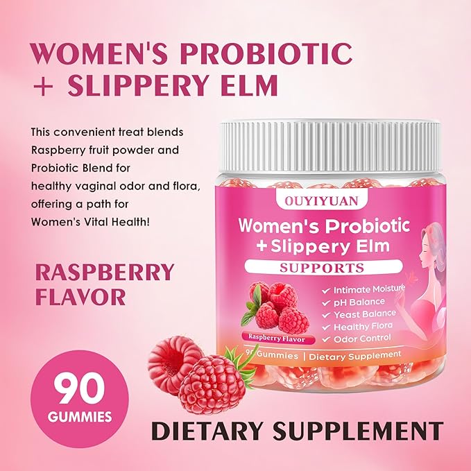 Women's Probiotic Gummies pH Balance & Gut Flora, Natural Raspberry Flavor, Vegan & Non-GMO, 90 Gummies