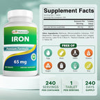 Best Naturals Iron Supplement - 65 mg - 240 Tablets - Non-GMO & Gluten Free