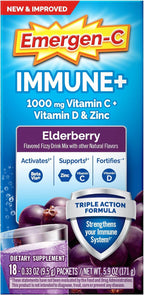 Emergen-C Immune+ Triple Action Immune Support Powder, BetaVia (R), 1000mg Vitamin C, B Vitamins, Vitamin D and Antioxidants, Elderberry – 18 Count