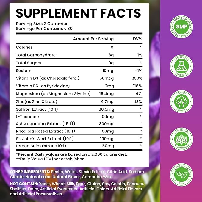 2 Pack Saffron Supplement Gummies, 10-in-1 Cortisol Supplement with Saffron 88.5mg, Magnesium, Rhodiola Rosea, Ashwagandha, L-Theanine, St. John's Wort, for Calm, Focus, Relaxation, 120 Count