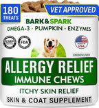 BARK&SPARK Dog Allergy Relief Soft Chews for Skin Health & Seasonal Allergies - Anti-Itch Supplement w/Omega-3, Quercetin & Bromelain Immune Treats for Dry Skin & Hot Spots - Chicken Liver - 180ct
