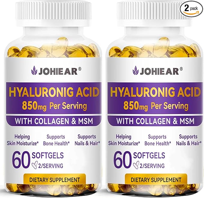 Hyaluronic Acid Supplements, 850mg High Bioavailable Dietary Hyaluronic Acid Capsules, Double Strength Skin Hydration, Eye Health, Hair & Nails Growth Support, 60 Softgels, 2 Pack