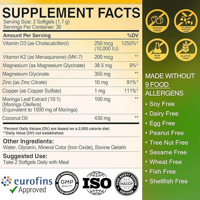 KEY ELEMENTS D3 K2 Vitamin 10,000 IU with Magnesium Glycinate 350mg, Zinc and Moringa - Bone & Immune Support - Vitamin D with K2 MK-7 200mcg - Non-GMO, Gluten-Free Softgels