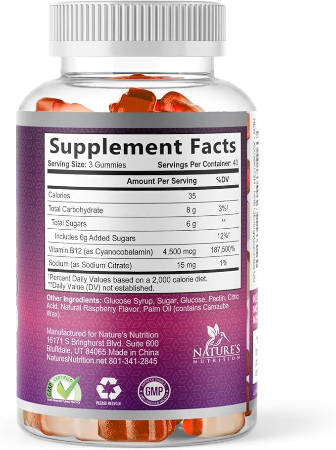 B12 Energy Gummies - 4500 mcg Vitamin B12 Per Serving - Extra Strength Chewable B12 Supplement for Energy, Metabolism & Immune Support - For Women, Men & Kids - Natural & Berry Flavored - 120 Gummies