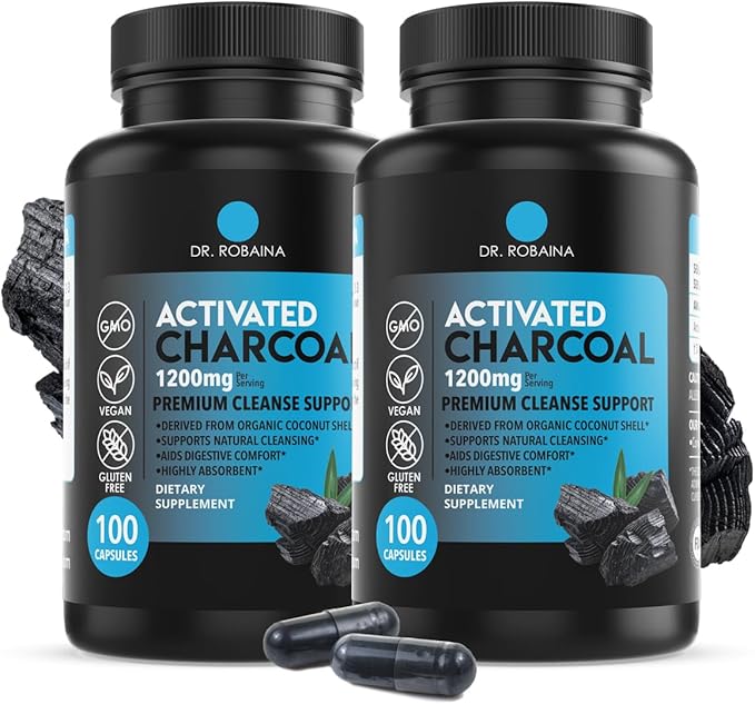Dr. Robaina Activated Charcoal Capsules 1200 mg – Coconut-Shell Carbon for Gas & Bloating Relief, Digestive Comfort & Next-Morning Support – Vegan • Non-GMO – 100 Count, USA Made
