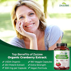 Zazzee USDA Organic Cranberry 25:1 Extract, 500 mg per Capsule, 180 Vegan Capsules, 6 Month Supply, Certified Kosher, Vaccinium Macrocarpon, Urinary Tract & Bladder Support, Non-GMO, Made in the USA