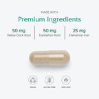 Vitanica Iron Extra, Iron Supplement Enhanced Absorption with Vitamin C 500mg, Methylfolate 400mcg, B12 Vitamin 500mcg, Calcium, Yellow Dock, Dandelion Root & Nettle Leaf Extract, Vegan, 60 Capsules