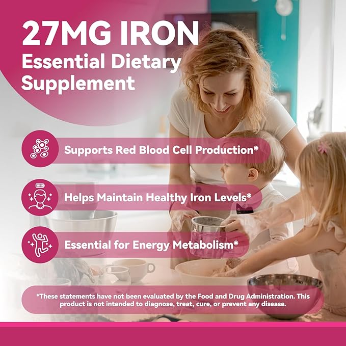 Iron Supplement, Iron 27mg Iron Supplement for Women, 100 Tablets, 100 Day Supply, Daily for Adults, Red Blood Cell Support, Gentle on Stomach
